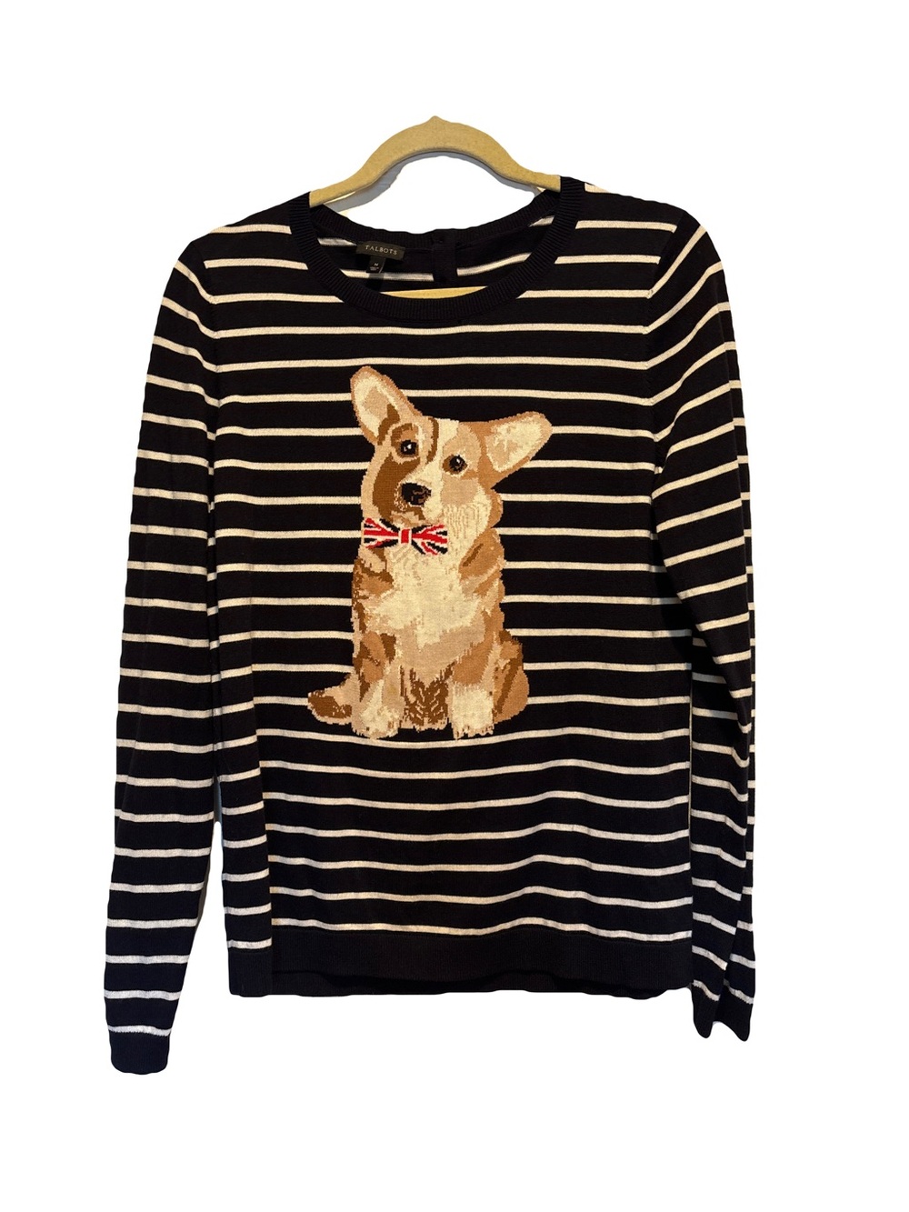 Talbots Navy & White Striped Crewneck Sweater with Corgi Bow Tie Motif Medium